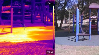 Two pictures of a playground - one thermal image, one regular image of the same area