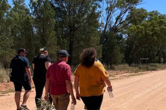 Group of four people walking along a dirt road, their backs to the camera