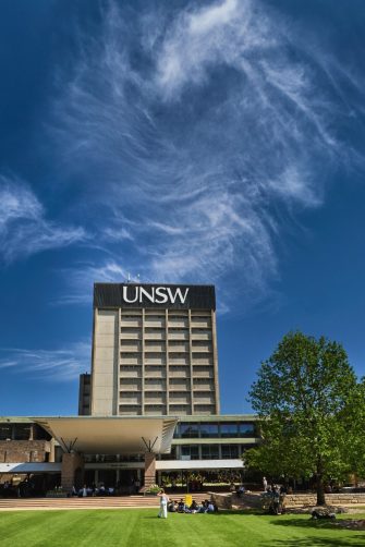 Students relaxing on Library lawn at Kensington UNSW.