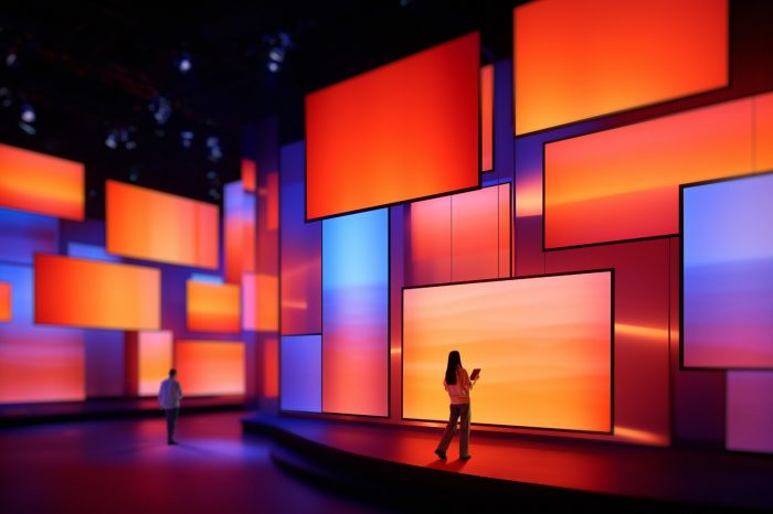 Modern poster with people exploring colorful digital screen installation. Concept of media technology, content creation, digital marketing, exhibition experience, and advertising presentation.