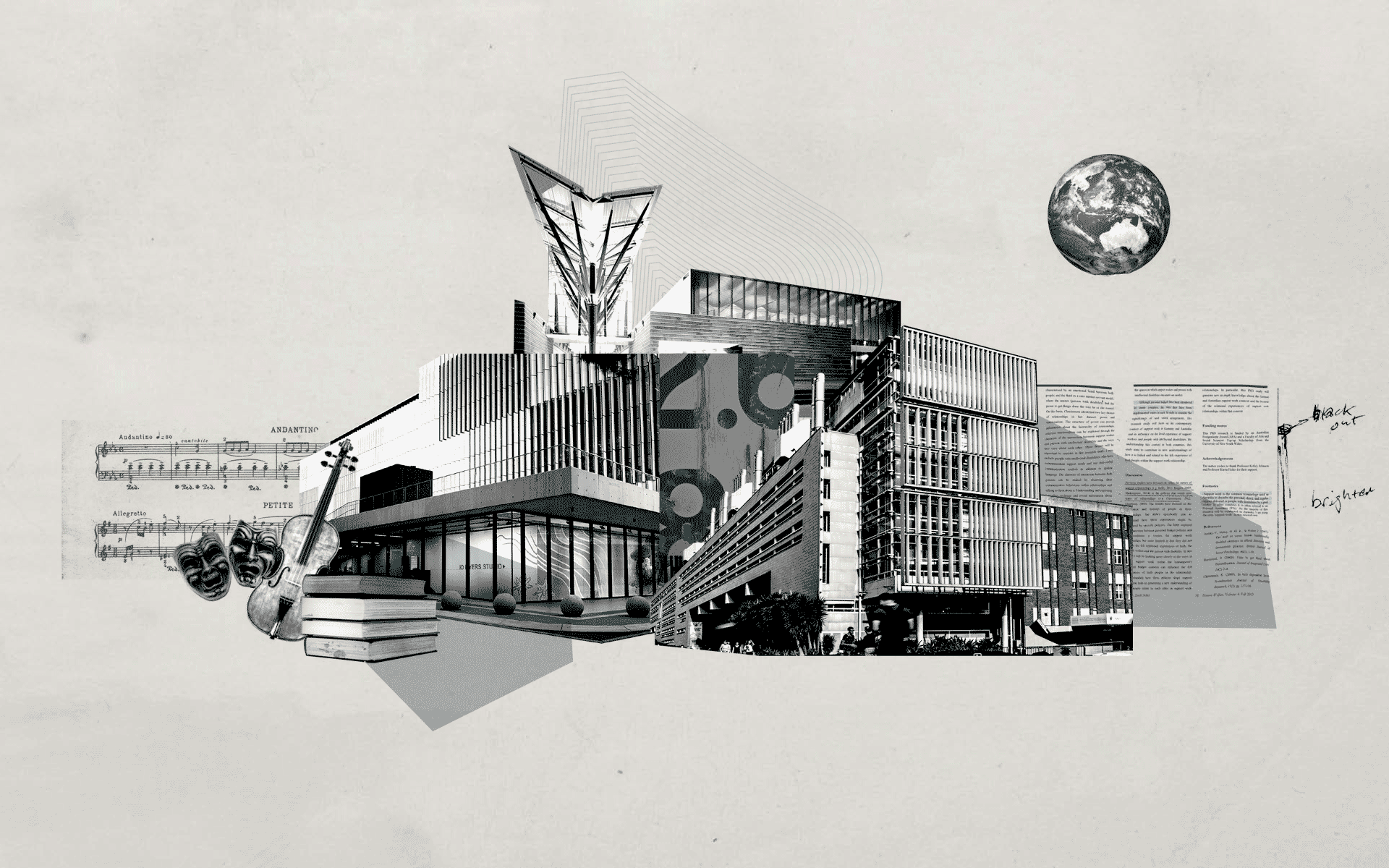 Collage of buildings and images.