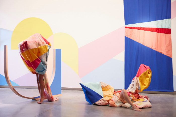 Rochelle Haley, Dance on a couch by an open window (after Boyd), 2021, acrylic paint, beech timber, canvas, calico, cotton drill, fabric dye, crayon, pastel, ink, charcoal, feather down, magnets, rope, and performance. Costume designer: Leah Giblin. Choreographers/Performers: Angela Goh and Ivey Wawn. Fabricator: Kazu Quill. 