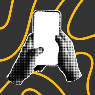 Halftone collage of pixelated hands holding a smartphone