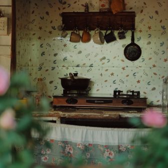 Image taken through a window of a cosy home, featuring a pink rose bush in the foreground and a homely kitchen in the background, including a stove top and sink.