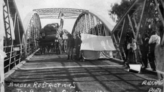 Black and white image of temporary border inspection control on the MacIntyre Bridge, Goondiwindi, QLD, 1919
