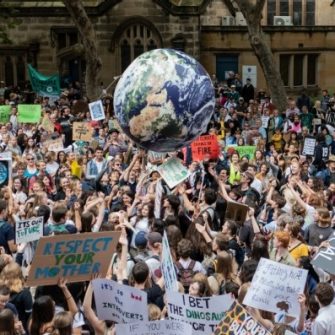 Crowd gathered at a climate change rally in Sydney CBD