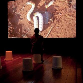 Photo of Lily Hibberd (artist/curator) showing Mamu (2010) by Curtis Taylor commissioned for Spaced 2: Future Recall, Perth International Festival of the Arts, Museum of Western Australia