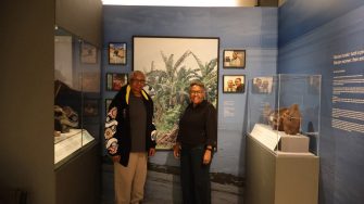 Aunty Elsa Day and Leah Lui-Chivizhe at the Meriam koskir exhibit, MAA Cambridge