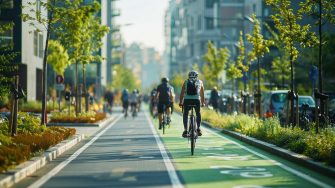A bike-friendly city with dedicated lanes, cyclists, and green initiatives