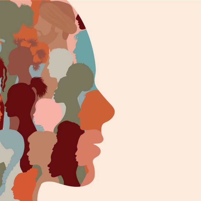 Banner copy space. Silhouette profile group of men and women of diverse culture. Diversity multi-ethnic and multiracial people. Concept of racial equality and anti-racism. Multicultural
