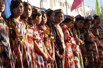 Uyghur school girls in atles