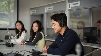 Students learning at the translation booth room at UNSW Kensignton campus.