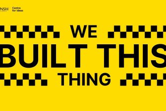 Yellow tile with we built this thing text