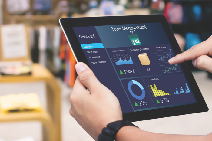 Retail worker using a tablet to manage their store