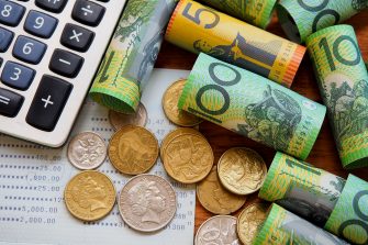 Australia bank note,coins,account book and calculator in top view