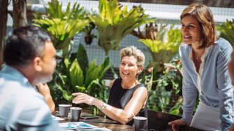Group of professionals having a business meeting in outdoor cafe or restaurant where they discuss the investment ideas and cooperation plans while drinking coffee. Group of businesswomen and businessmen enjoying working together