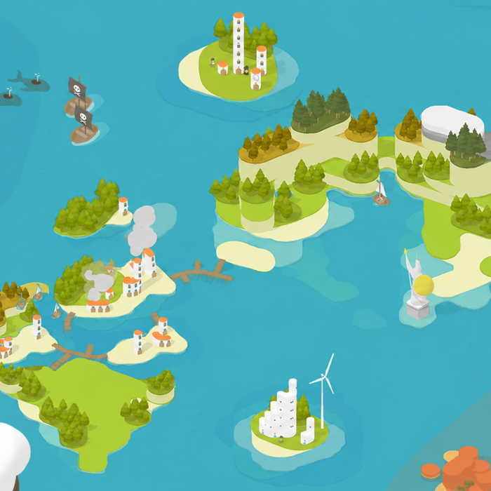 An illustrated tile from the Playconomics educational economics game, featuring a colourful virtual world.