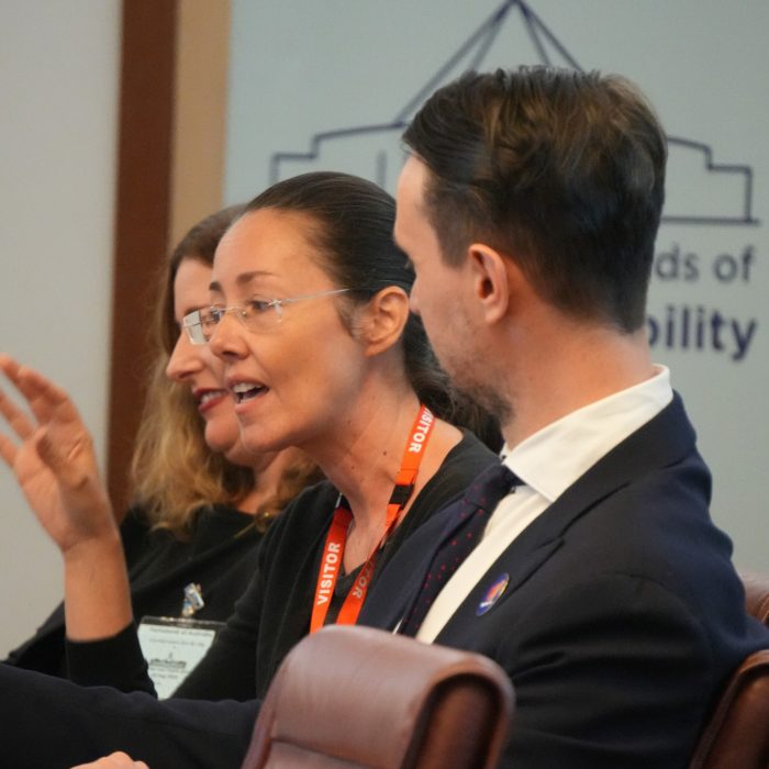 Panellists wearing visitor lanyards speak during a policy and advocacy roundtable, seated at a table in front of a Power of Financial Capability backdrop.