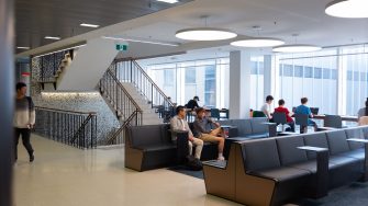 Interior foyer and study spaces of the business school building on the UNSW Kensington campus 