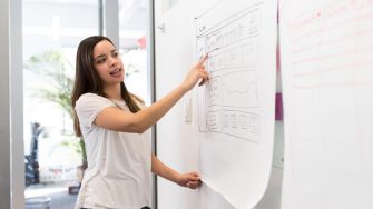 Women doing a presentation and pointing at a whiteboard