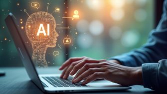 Person types on laptop interacting with AI virtual assistant. AI concepts like prompt engineering, generative AI visualized. Person uses tech for support communication. Future tech for work support
