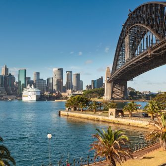 Photo of cruise ship moored in Sydney with the Harbour Bridge also prominent