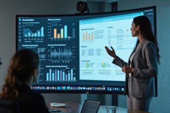 Woman presents data analytics to colleagues on big screen in office.