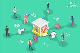 Isometric flat vector concept of cross channel, omnichannel, several communication channels between seller and customer, digital marketing, online shopping. 
