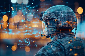 The image depicts a soldier wearing a high-tech digital helmet
