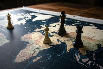 Symbolic representation of global geopolitics with chess pieces on a world map