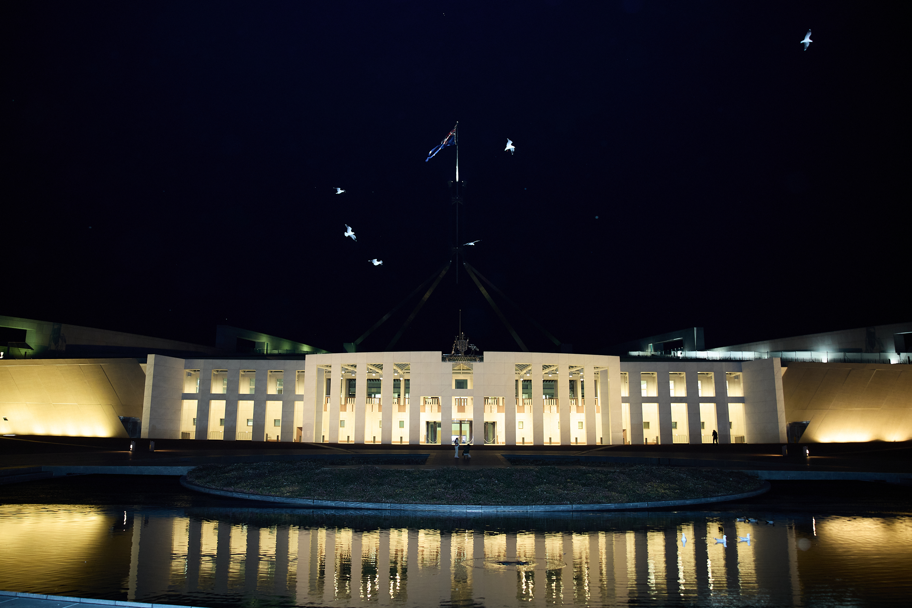 Parliament House at night.