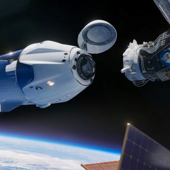 Space vehicle capsule orbiting the earth orbit cosmos. Preparing of docking into space station. Elements of this image furnished by NASA.