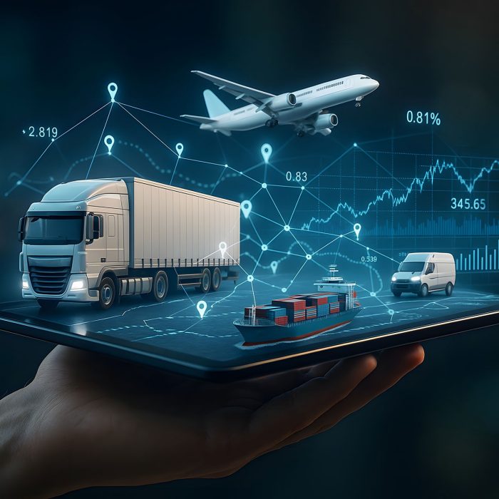 Stock image depicting network of logistics icons connecting truck, plane, ship, and van symbols and smart transportation