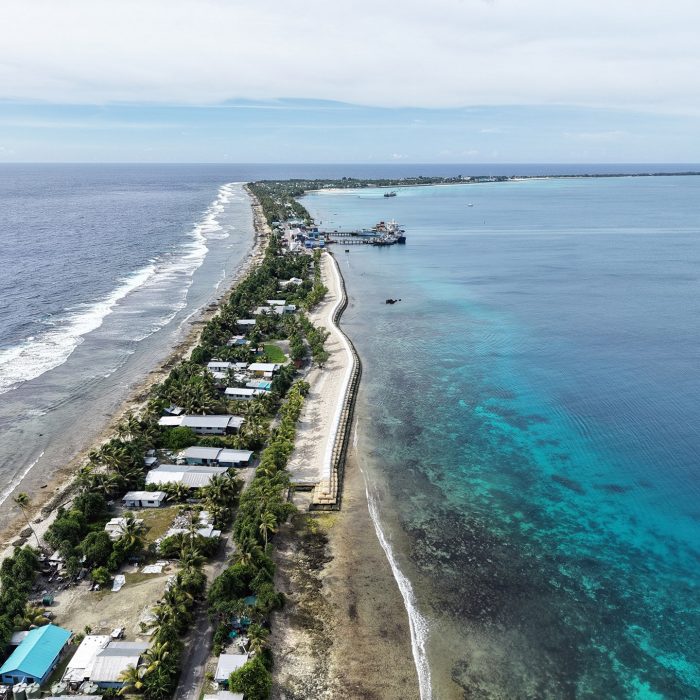 Tuvalu (Funafuti): Aerial view of the "Te Namamo" seawall, meaning "calming the waves" in Tuvaluan, constructed under the TTCAP project funded by Taiwan