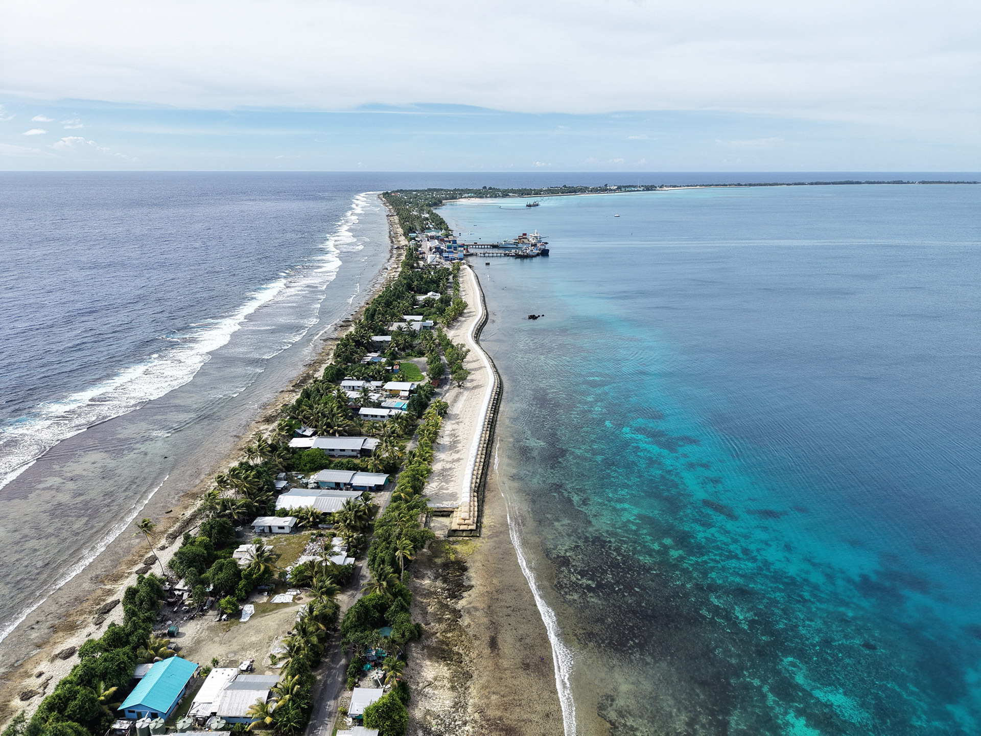 Tuvalu (Funafuti): Aerial view of the "Te Namamo" seawall, meaning "calming the waves" in Tuvaluan, constructed under the TTCAP project funded by Taiwan