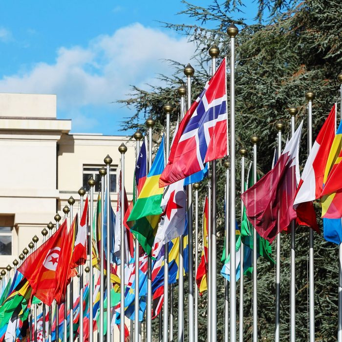 Multicoloured flags in front of United Nations Palais in Geneva, Switzerland