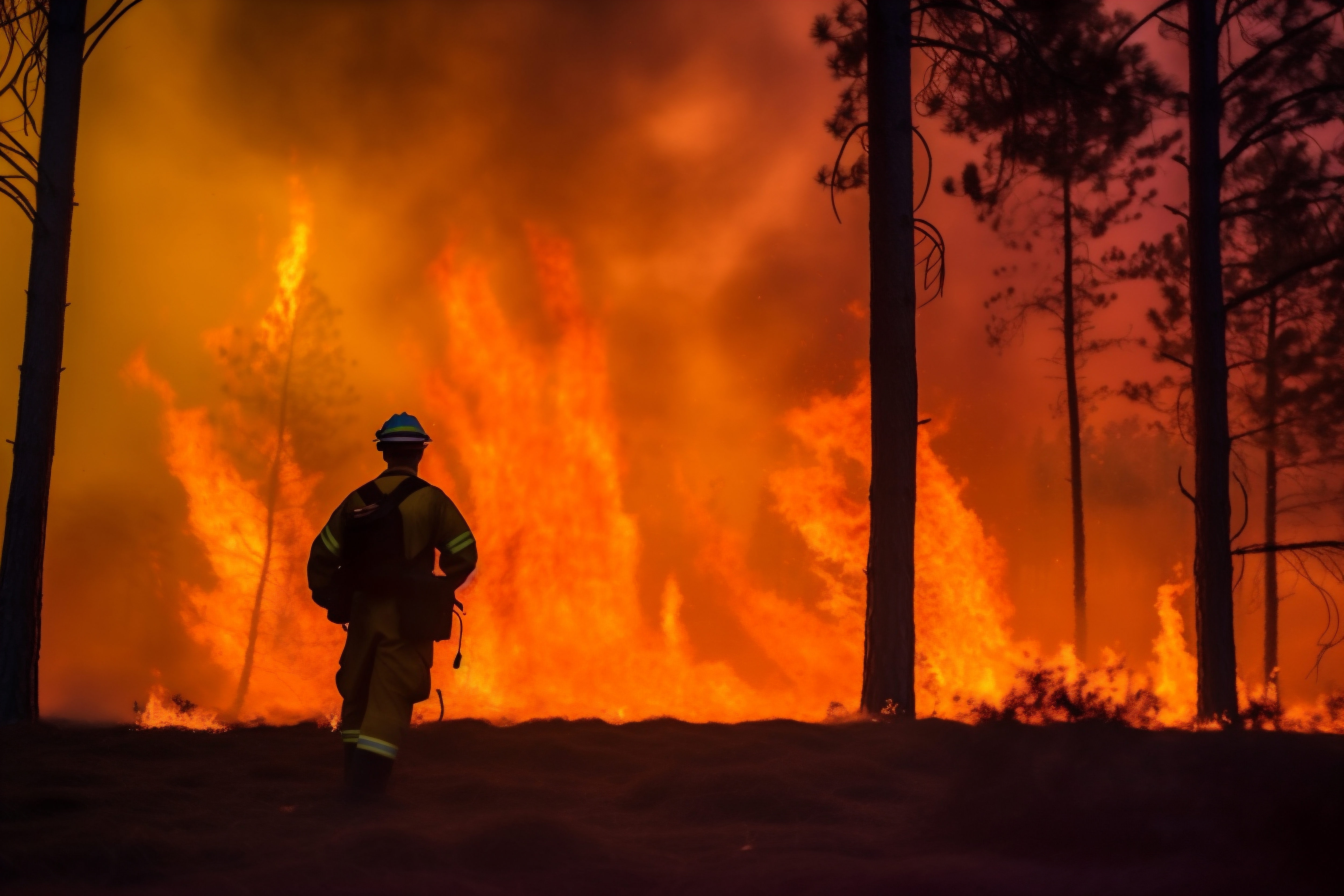 Firefighters battle a wildfire that burned a forest, charred trees and smoke