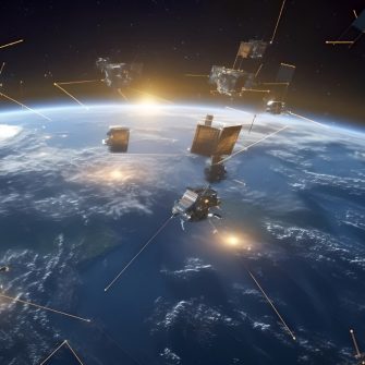 Constellation of satellites near the Earth. A lot of satellites, space. Communication Concept