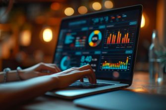 Hand typing on a laptop keyboard with digital analytics dashboard on the screen