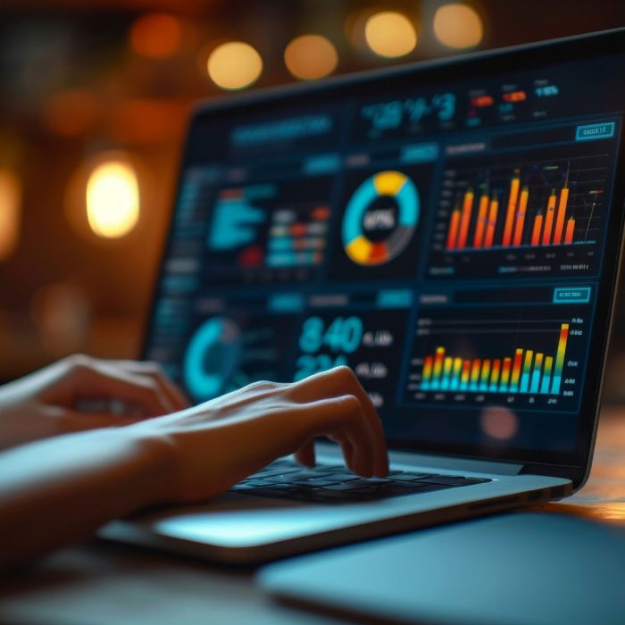 Hand typing on a laptop keyboard with digital analytics dashboard on the screen