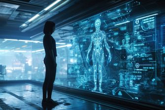 A person standing next to their digital twin