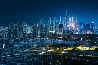 Future city building represented by a sketch and real mix urban cityscape scene