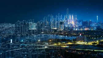 Future city building represented by a sketch and real mix urban cityscape scene