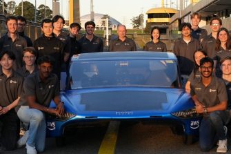 Group photo of the UNSW Sunswift Team with their Sunswift 8 racing car