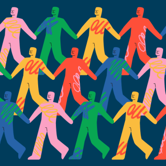 Colourful figurines holding hands with each other.