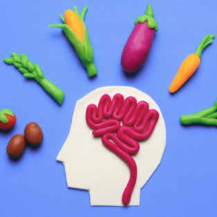 Diagram of a mind surrounded by produce