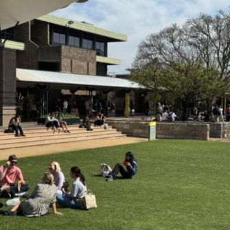 Students on Library Lawn