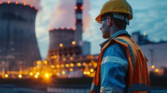 Engineer stands against the background of a nuclear power plant