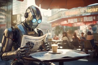 Photograph of a robot reading the newspaper at a cafe