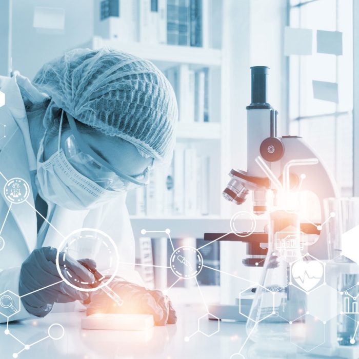 Double exposure microscope Young woman scientific using equipment in the laboratory for research.